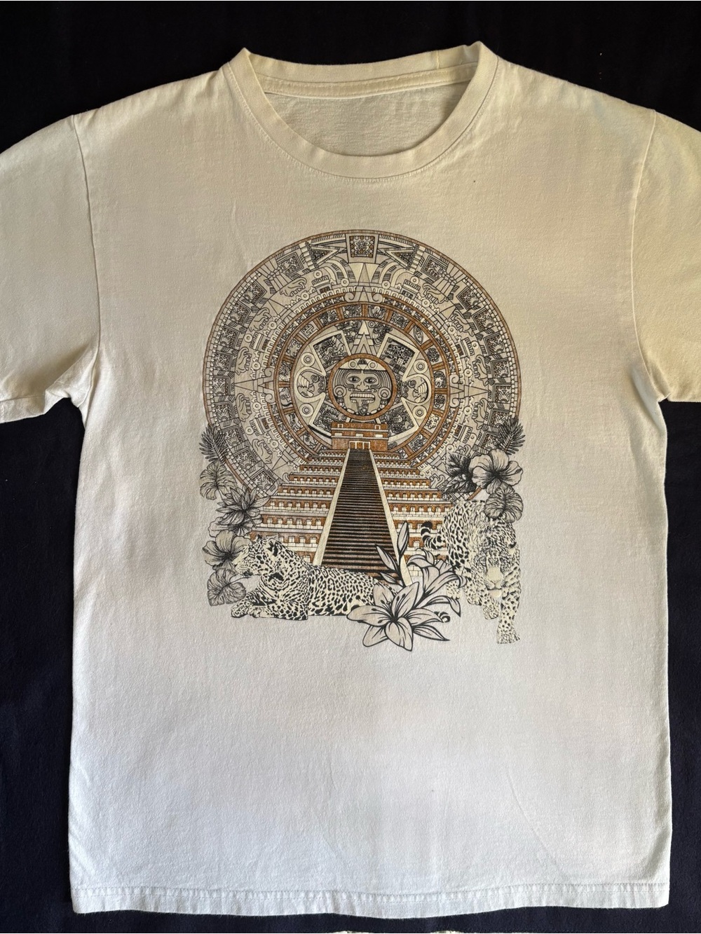 Unbranded Cream Short-Sleeve Aztec Pyramid Graphic Tee